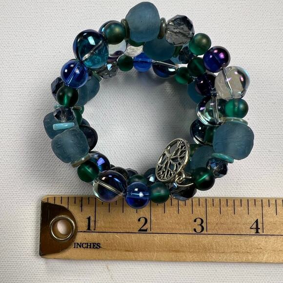 Handmade Beaded Coil Bracelet Sea Glass Blue Green Glass Beads Tree Charms - Picture 4 of 5